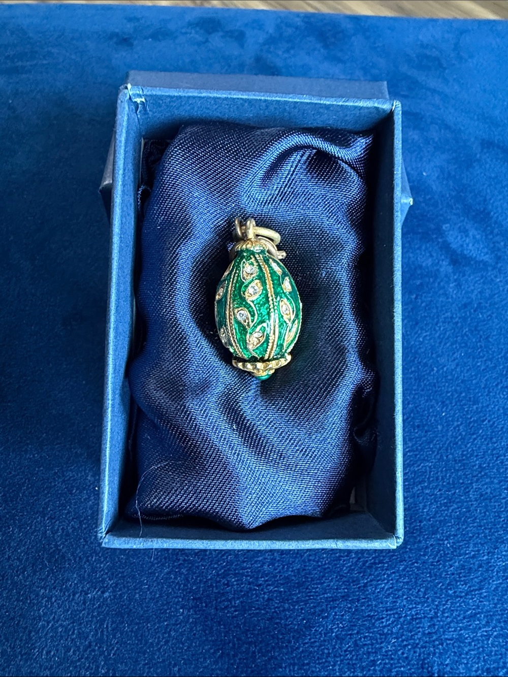 Romanov-style jeweled egg pendant or charm in box